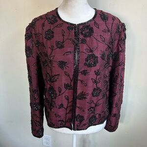 SCALA Vtg 100% SILK BEADED sequin JACKET Women’s PS Blazer Designer Black Tie